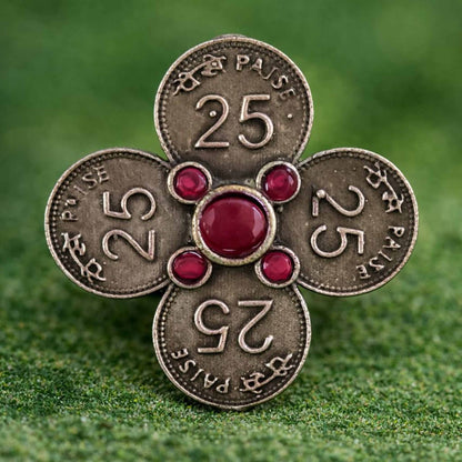 Vintage Coin Design Statement Ring with Red Stone Accent