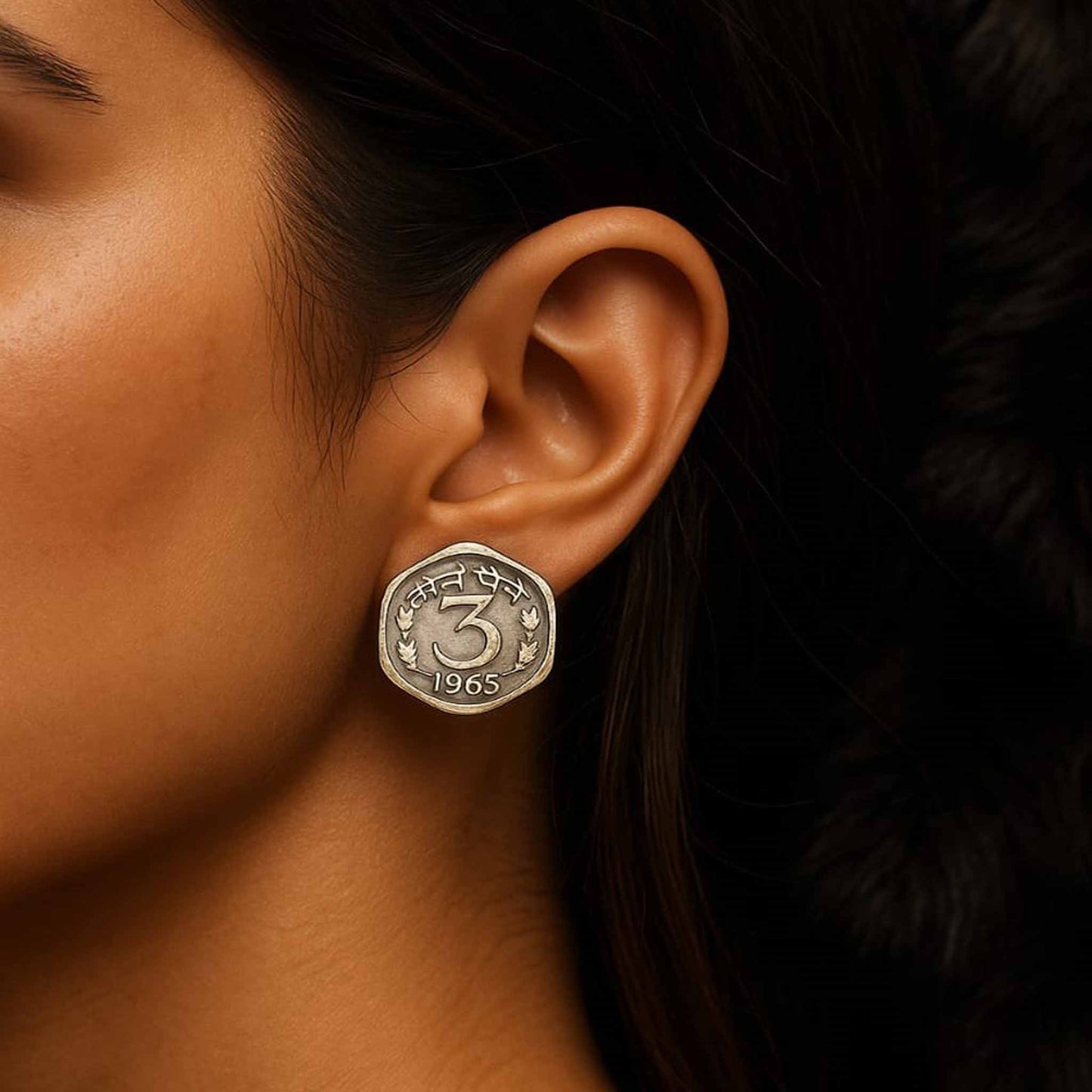 Vintage 3 Paise Coin Earrings – Antique German Silver Studs