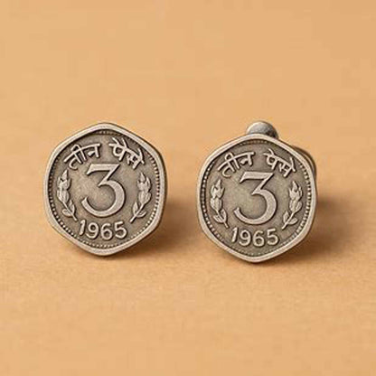 Vintage 3 Paise Coin Earrings – Antique German Silver Studs