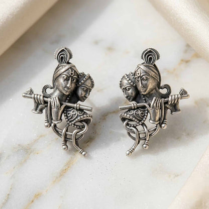Radha Krishna German Silver Earrings – Ethnic Stud Design
