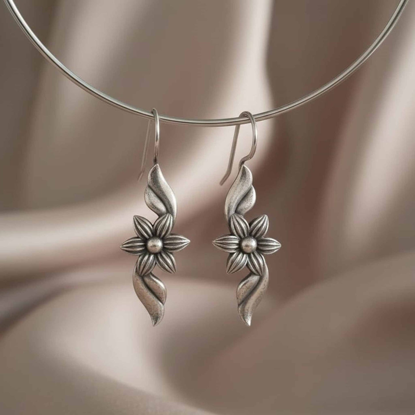 Floral Leaf Drop German Silver Earrings – Minimal Ethnic Dangle
