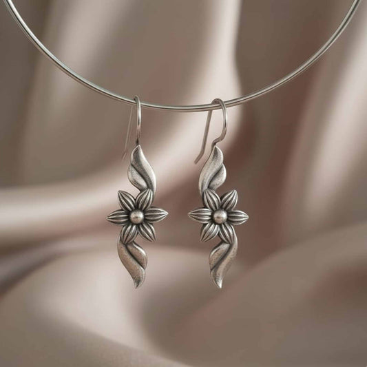 Floral Leaf Drop German Silver Earrings – Minimal Ethnic Dangle