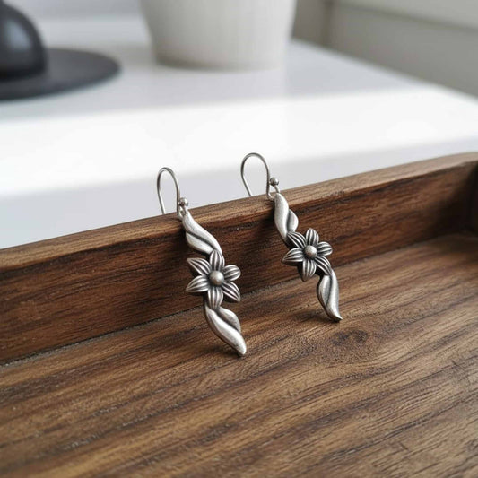 Floral Leaf Drop German Silver Earrings – Minimal Ethnic Dangle