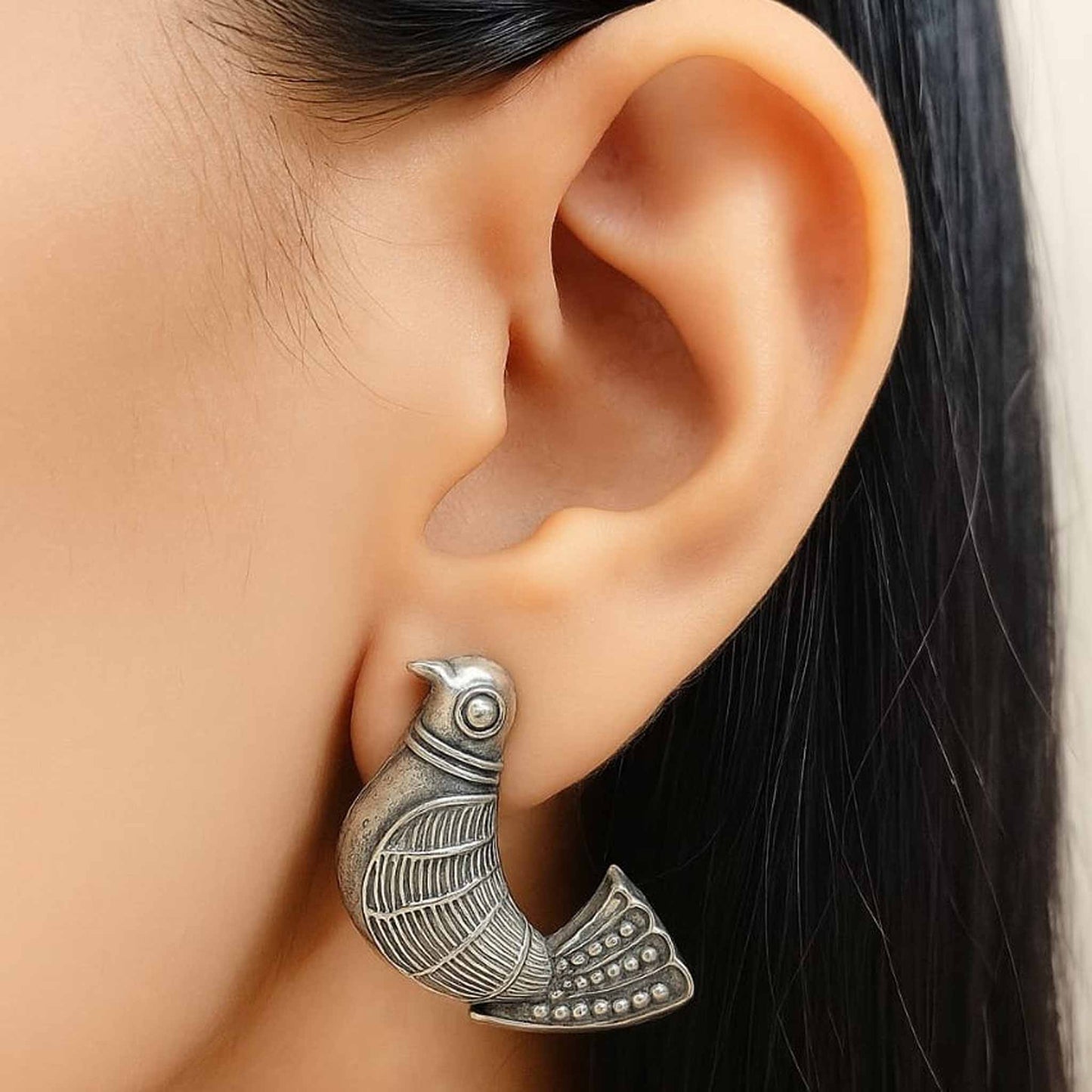 Vintage Sparrow Design German Silver Earrings for Women | Ethnic Stud Earrings