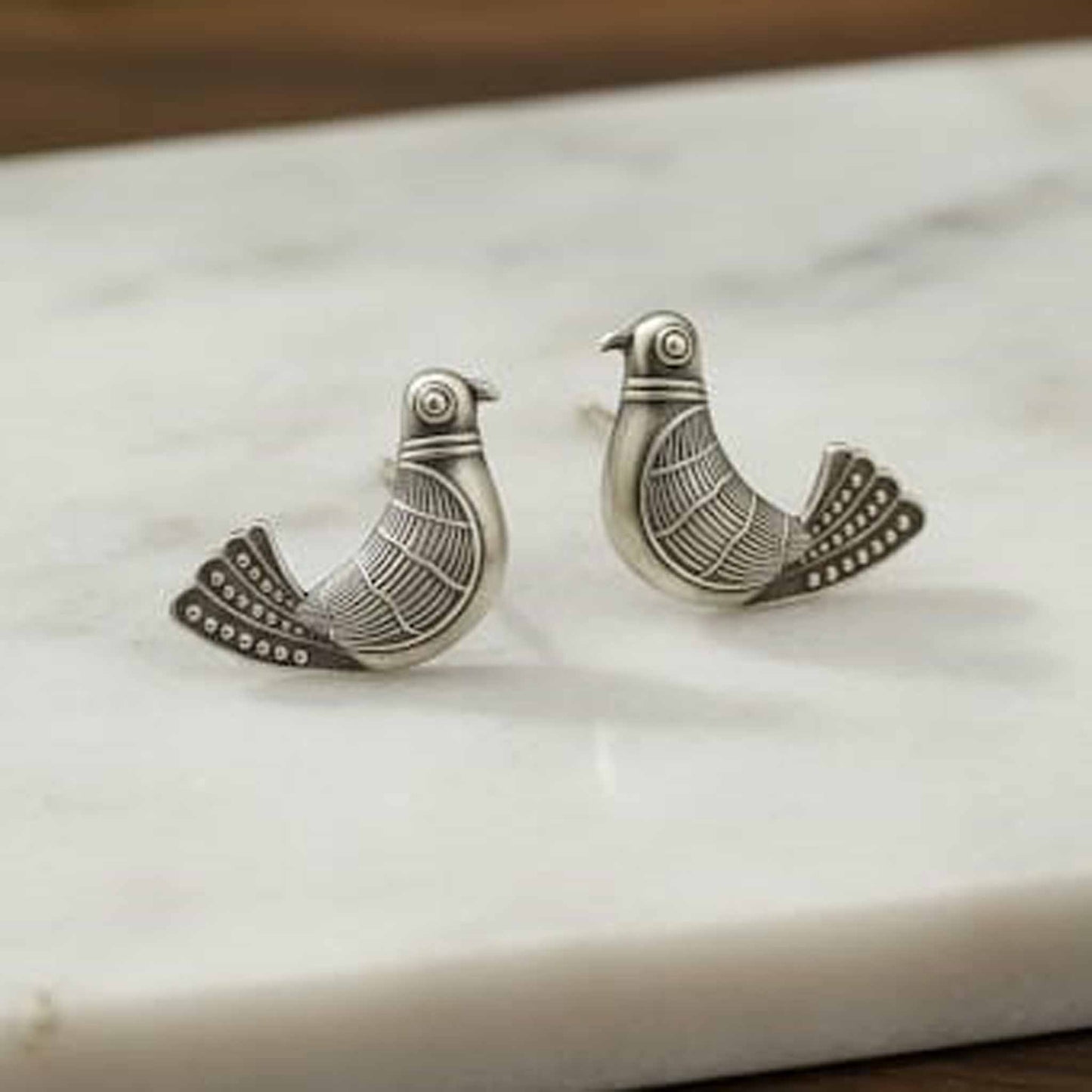 Vintage Sparrow Design German Silver Earrings for Women | Ethnic Stud Earrings