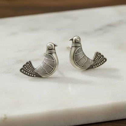 Vintage Sparrow Design German Silver Earrings for Women | Ethnic Stud Earrings