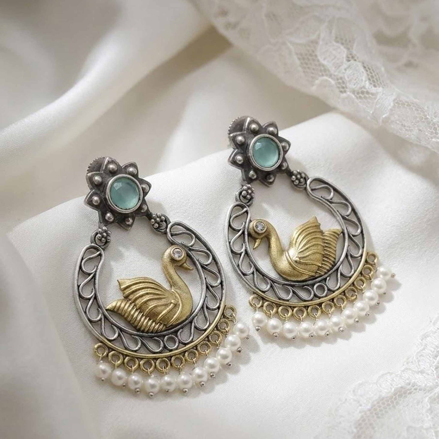 Swan Motif Pearl Drop German Silver Statement Earrings