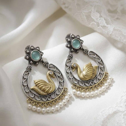 Swan Motif Pearl Drop German Silver Statement Earrings