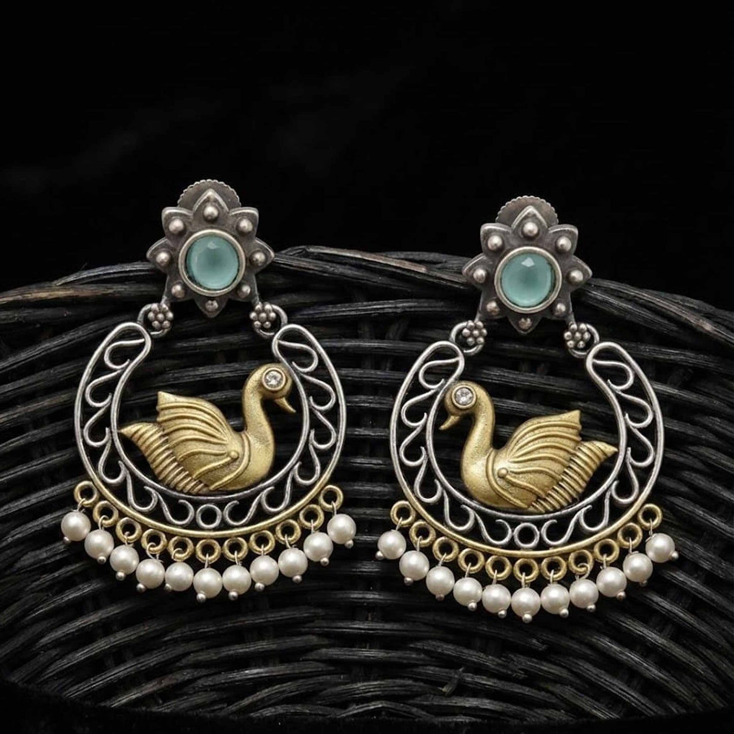 Swan Motif Pearl Drop German Silver Statement Earrings