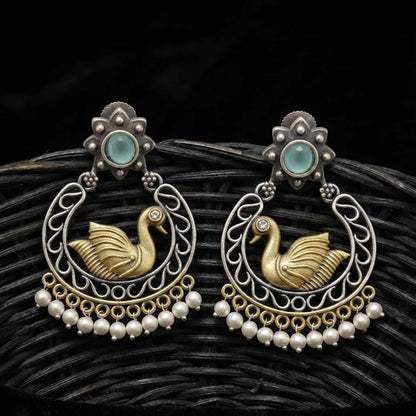 Swan Motif Pearl Drop German Silver Statement Earrings