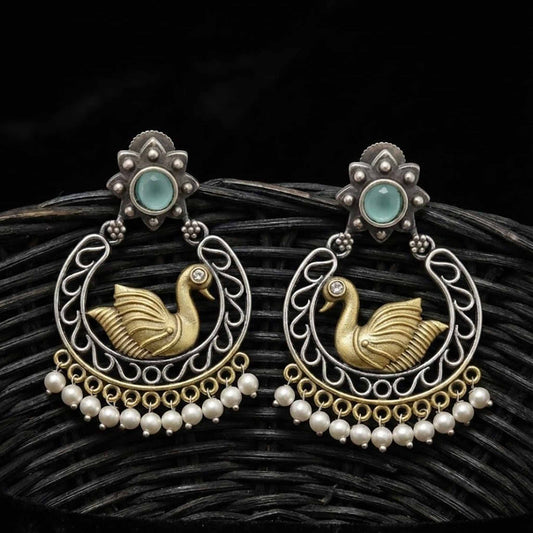 Swan Motif Pearl Drop German Silver Statement Earrings