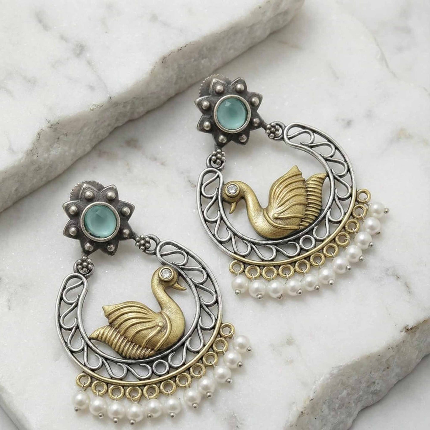 Swan Motif Pearl Drop German Silver Statement Earrings