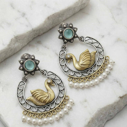 Swan Motif Pearl Drop German Silver Statement Earrings