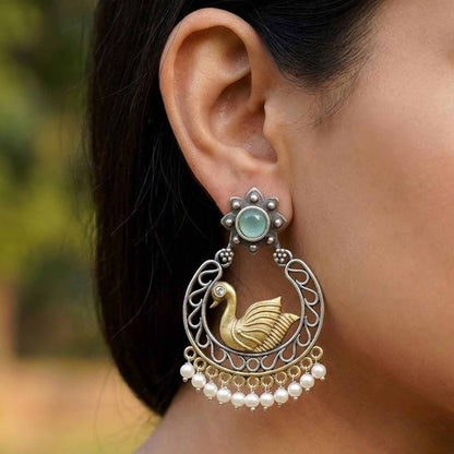 Swan Motif Pearl Drop German Silver Statement Earrings