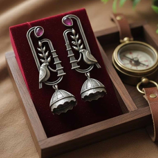 Bird Motif Germn Silver Jhumka Earrings with Ruby Stone Accent