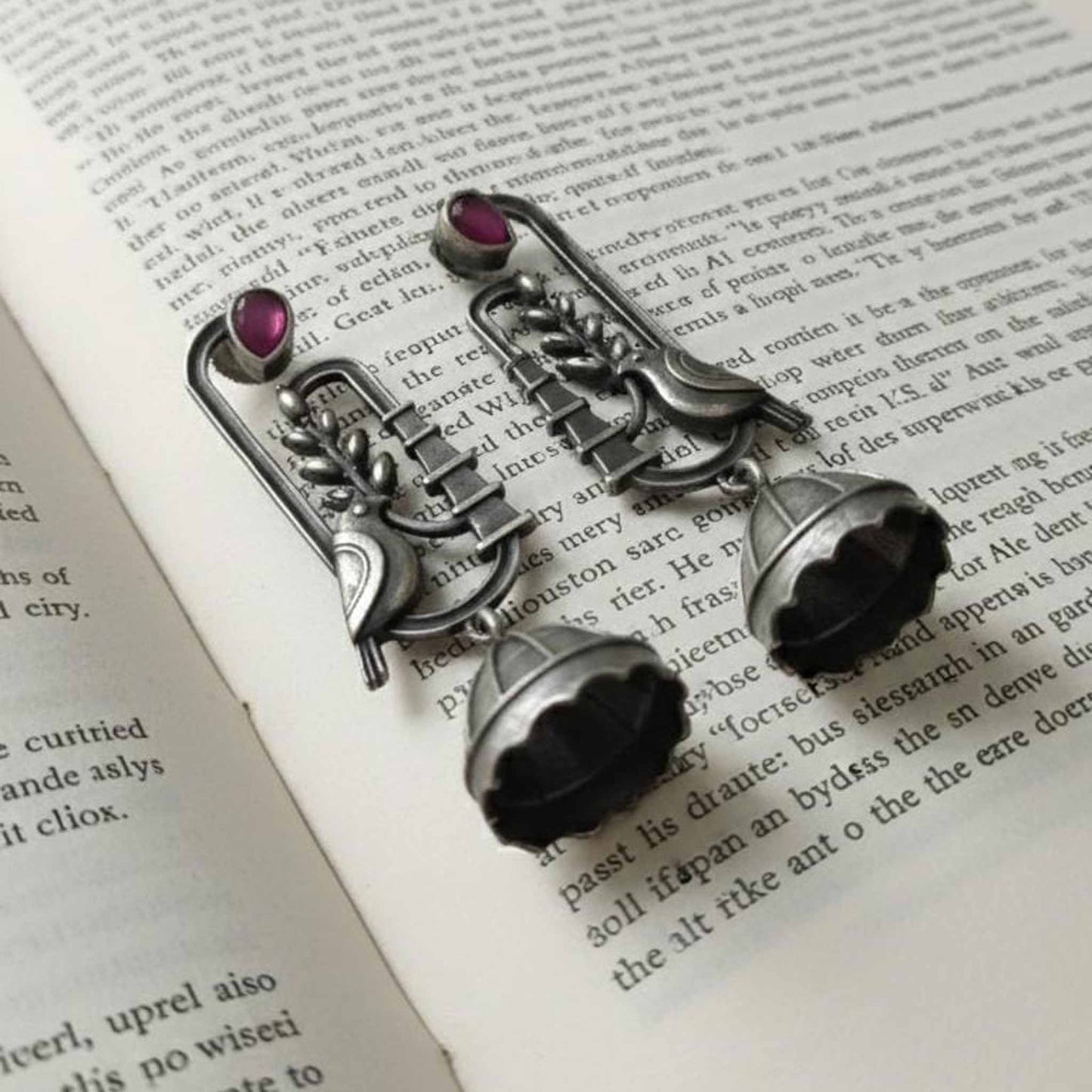 Bird Motif Germn Silver Jhumka Earrings with Ruby Stone Accent