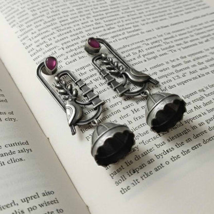 Bird Motif Germn Silver Jhumka Earrings with Ruby Stone Accent