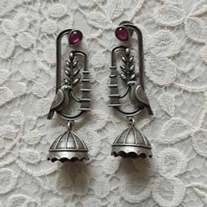Bird Motif Germn Silver Jhumka Earrings with Ruby Stone Accent