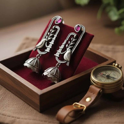 Bird Motif Germn Silver Jhumka Earrings with Ruby Stone Accent