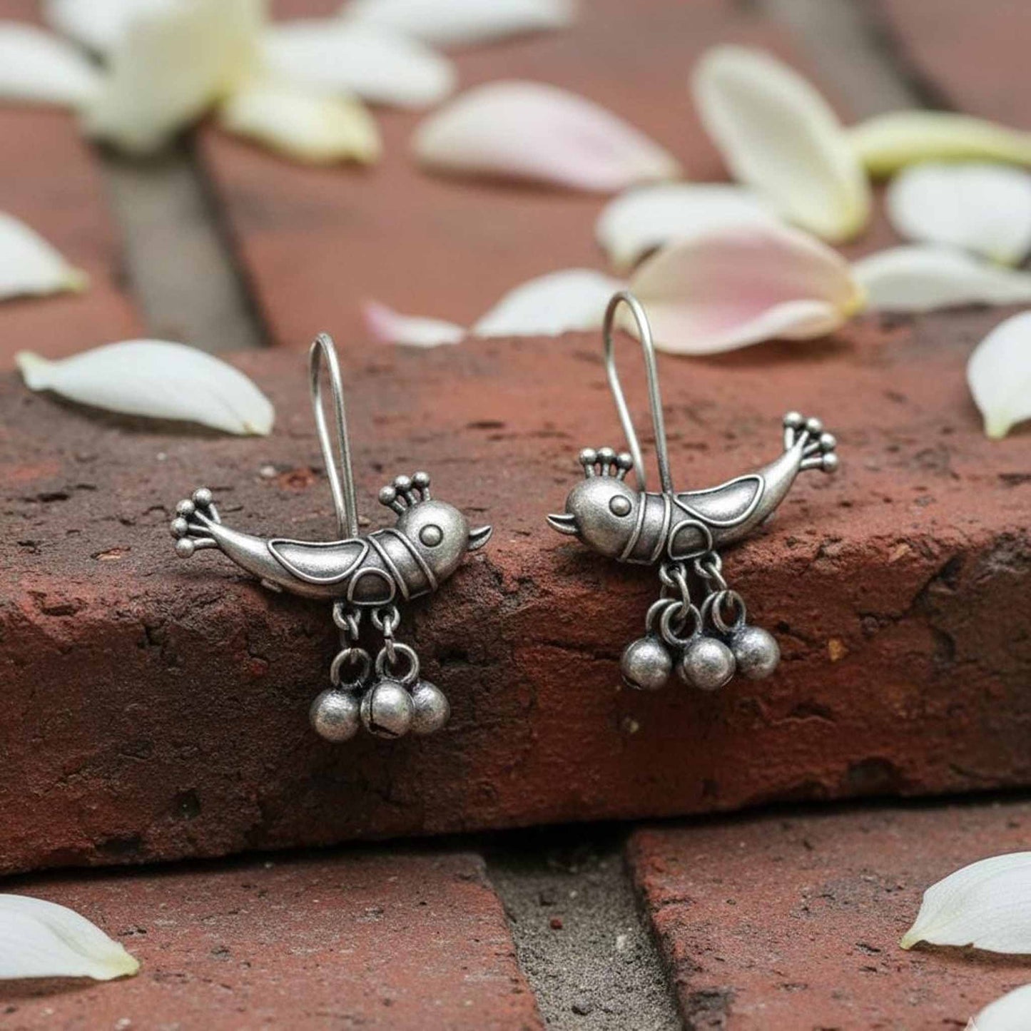 Cute Bird Design German Silver Hook Earrings with Ghungroo Beads
