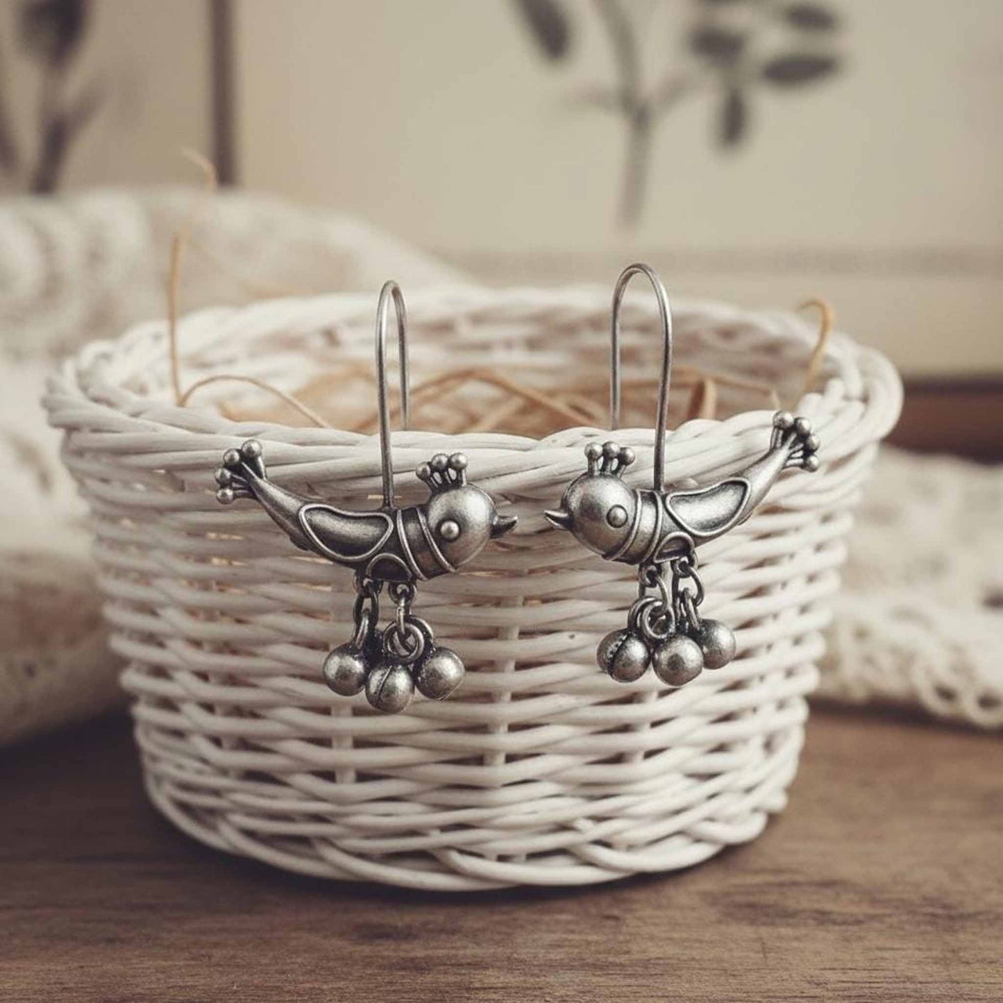 Cute Bird Design German Silver Hook Earrings with Ghungroo Beads