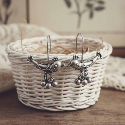 Cute Bird Design German Silver Hook Earrings with Ghungroo Beads