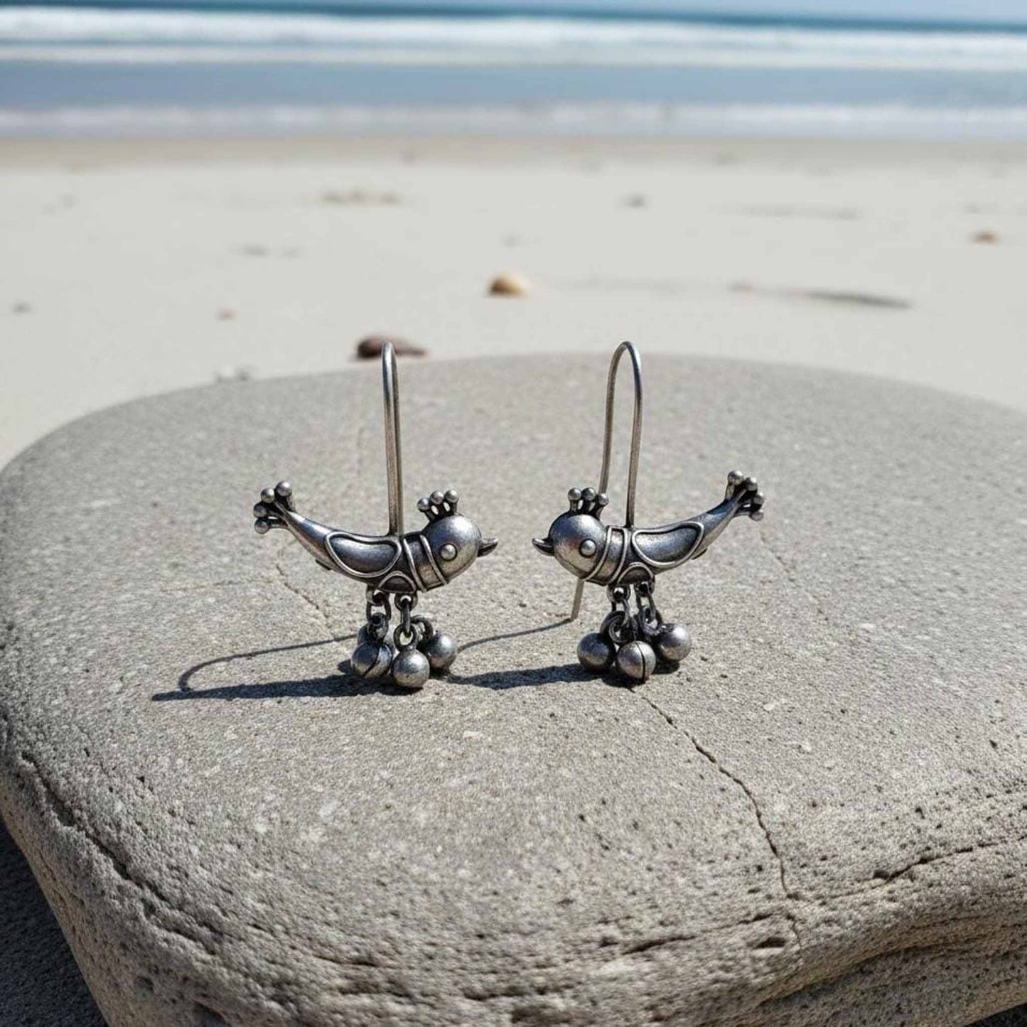 Cute Bird Design German Silver Hook Earrings with Ghungroo Beads