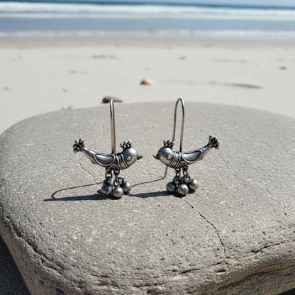 Cute Bird Design German Silver Hook Earrings with Ghungroo Beads