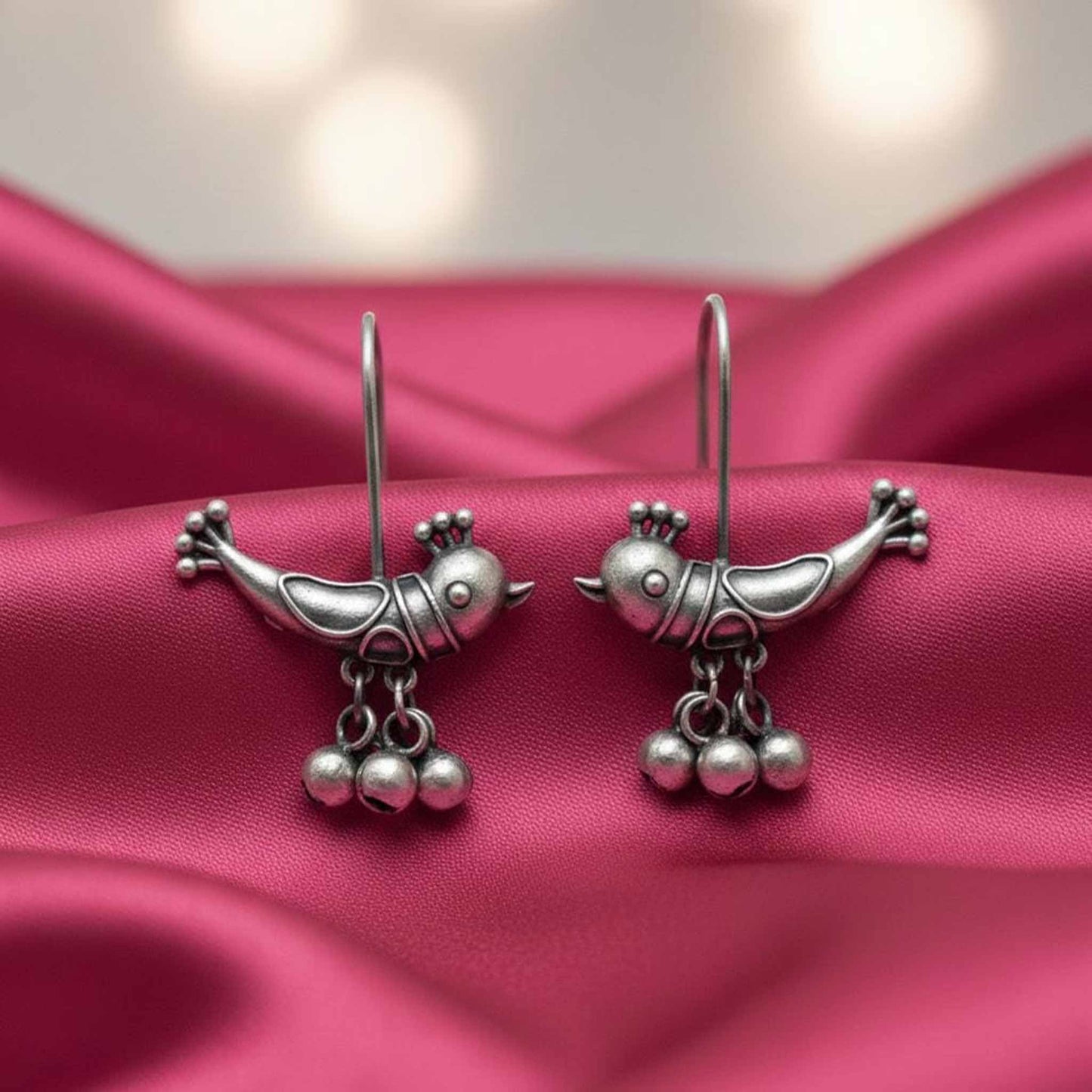 Cute Bird Design German Silver Hook Earrings with Ghungroo Beads