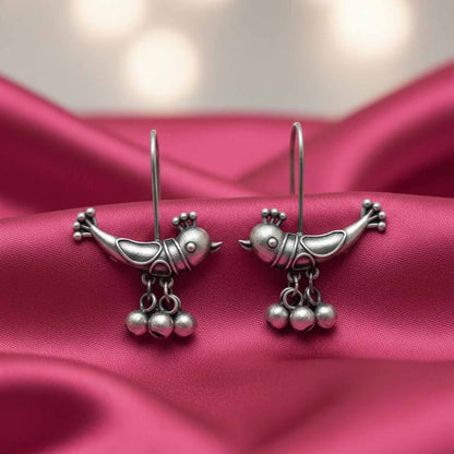 Cute Bird Design German Silver Hook Earrings with Ghungroo Beads