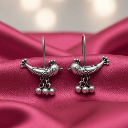 Cute Bird Design German Silver Hook Earrings with Ghungroo Beads