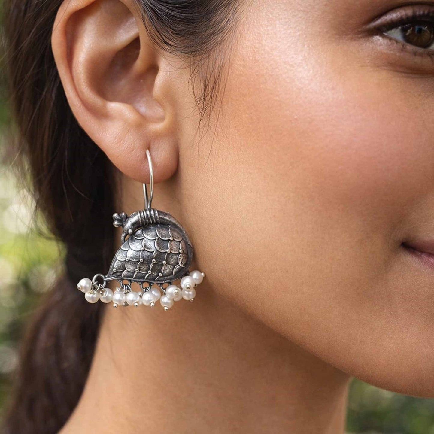 German Silver Bird Motif Pearl Drop Earrings