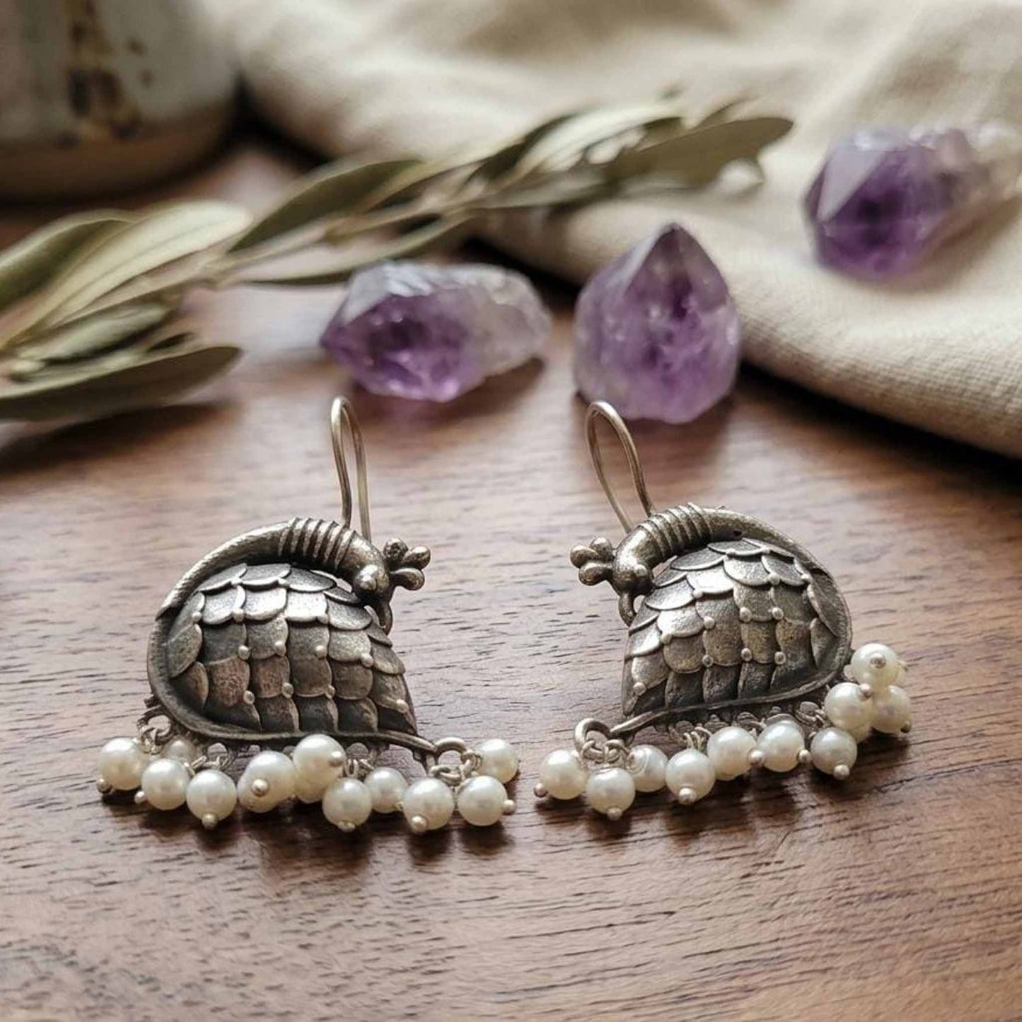 German Silver Bird Motif Pearl Drop Earrings