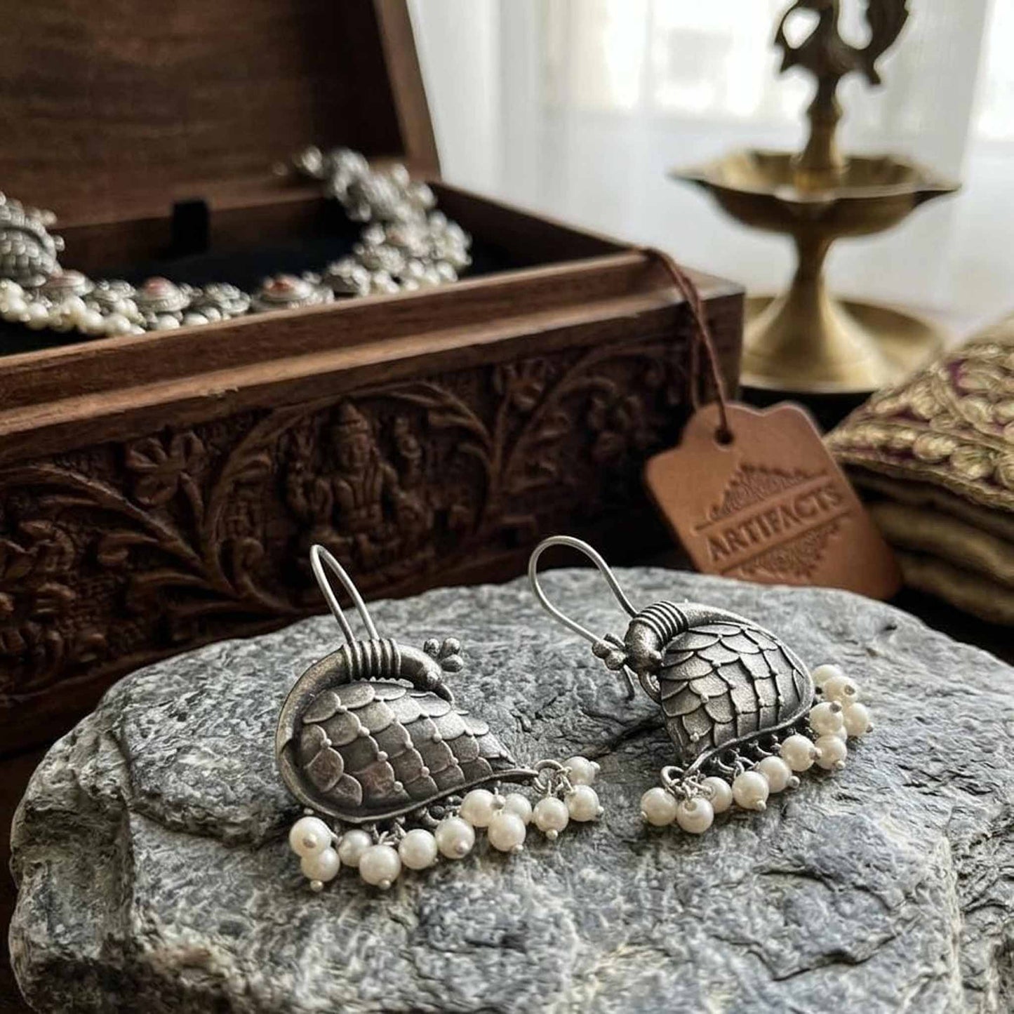 German Silver Bird Motif Pearl Drop Earrings