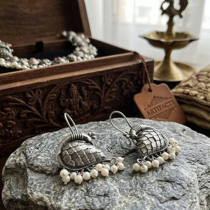 German Silver Bird Motif Pearl Drop Earrings