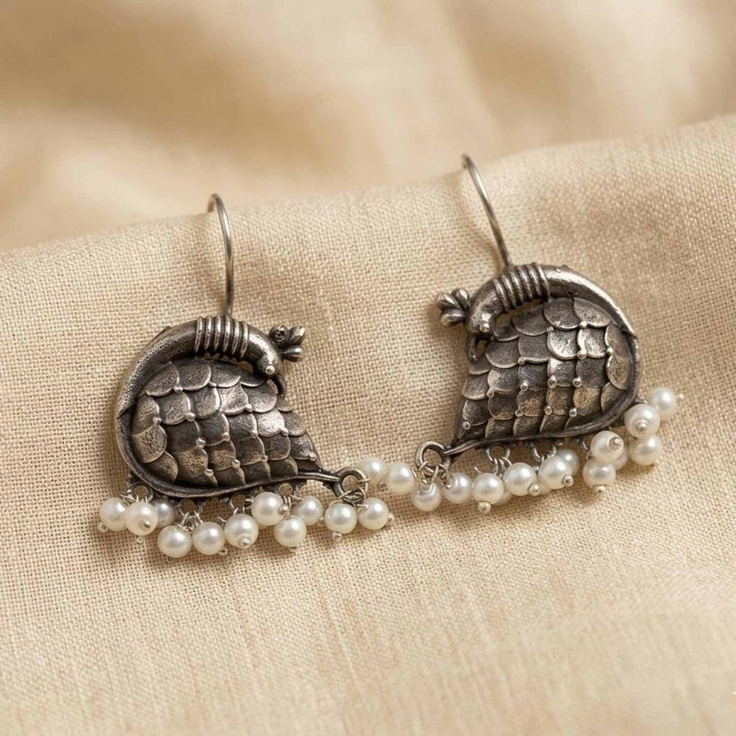 German Silver Bird Motif Pearl Drop Earrings