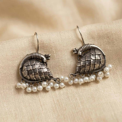 German Silver Bird Motif Pearl Drop Earrings