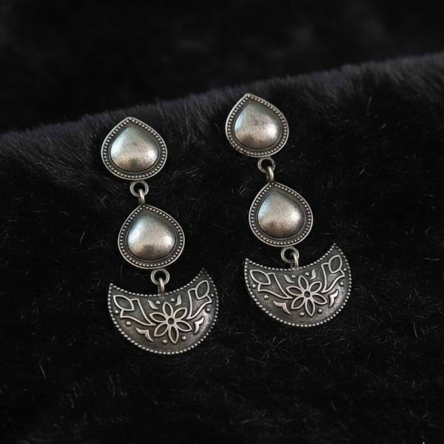 German Silver Bund drop & Half-Moon Dangle Earrings