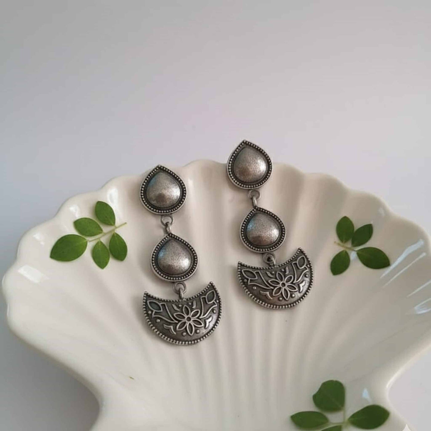 German Silver Bund drop & Half-Moon Dangle Earrings