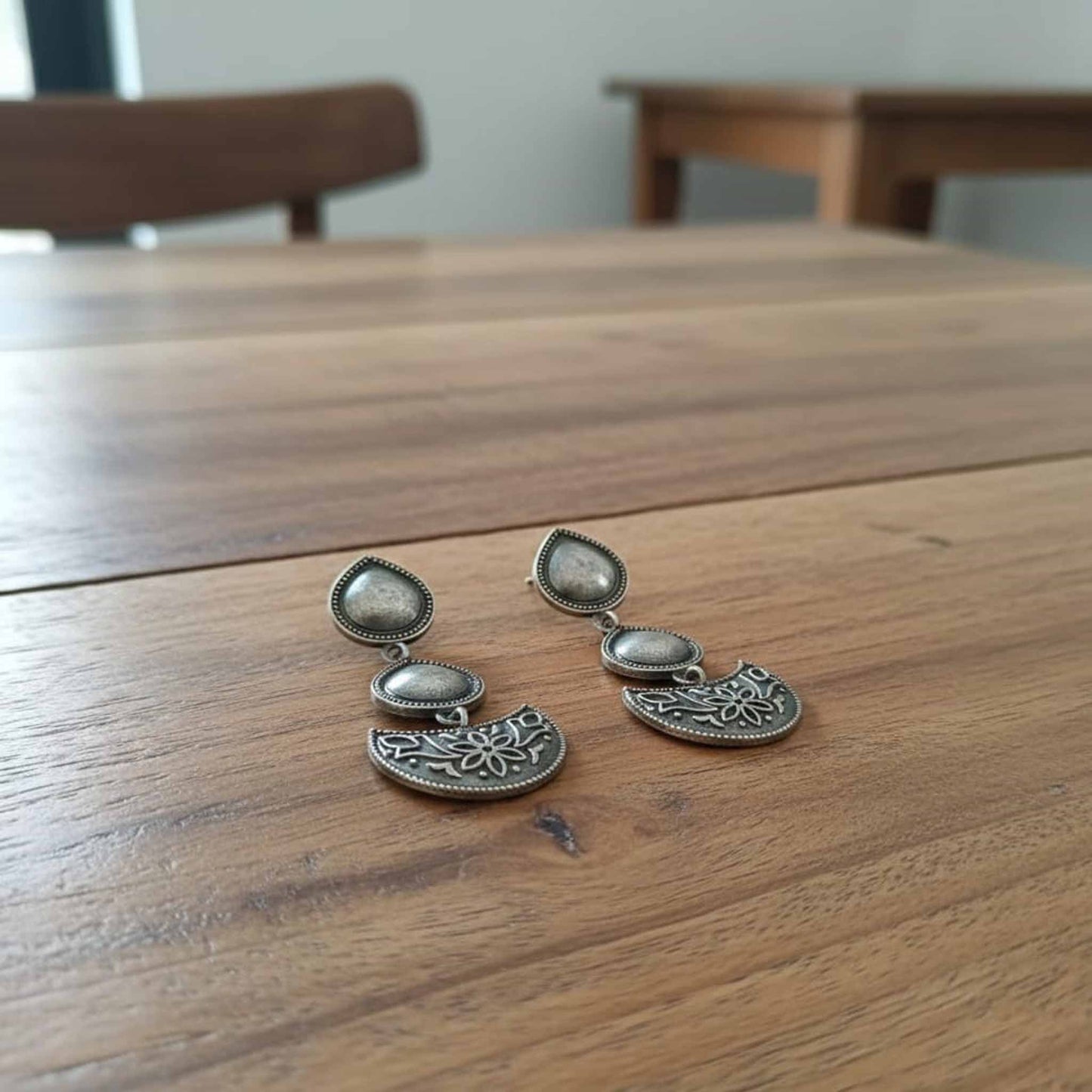 German Silver Bund drop & Half-Moon Dangle Earrings