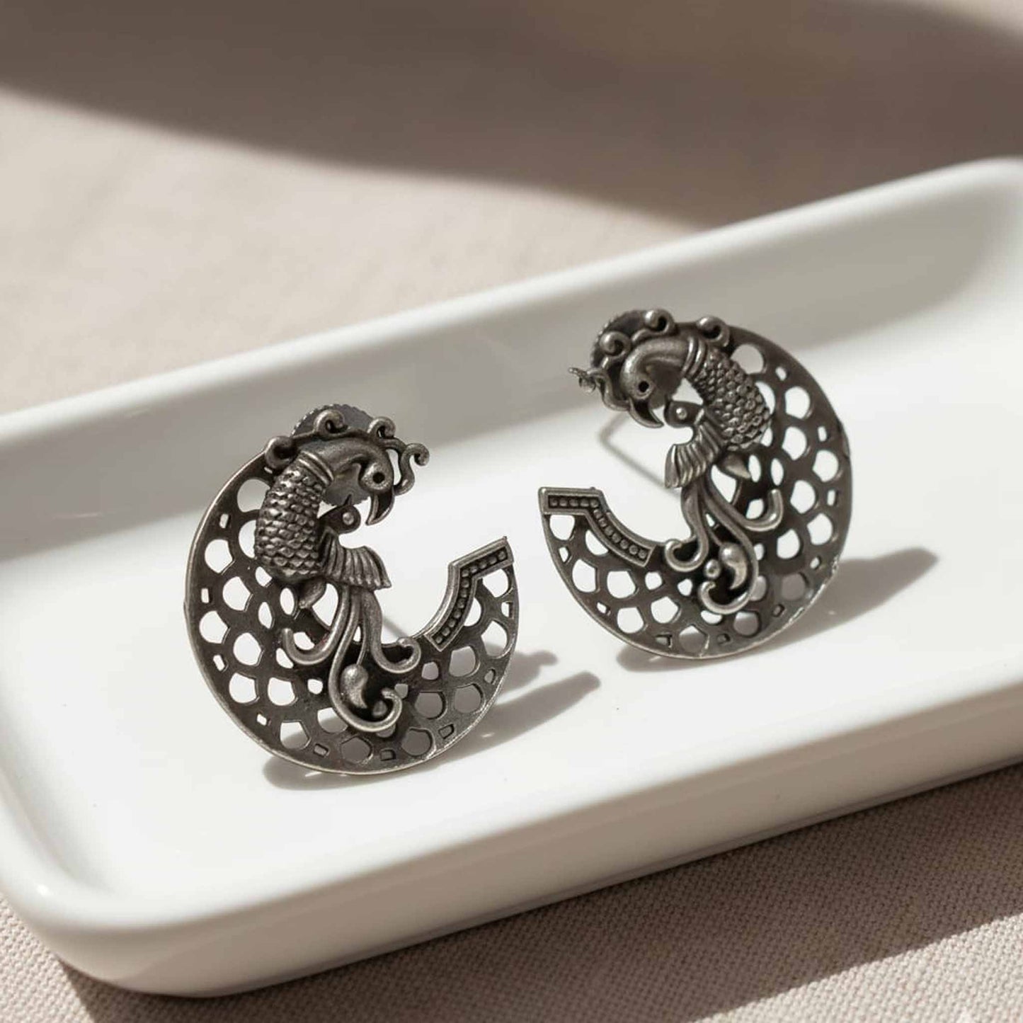 Peacock Chaand German Silver Earrings – Ethnic Statement Studs