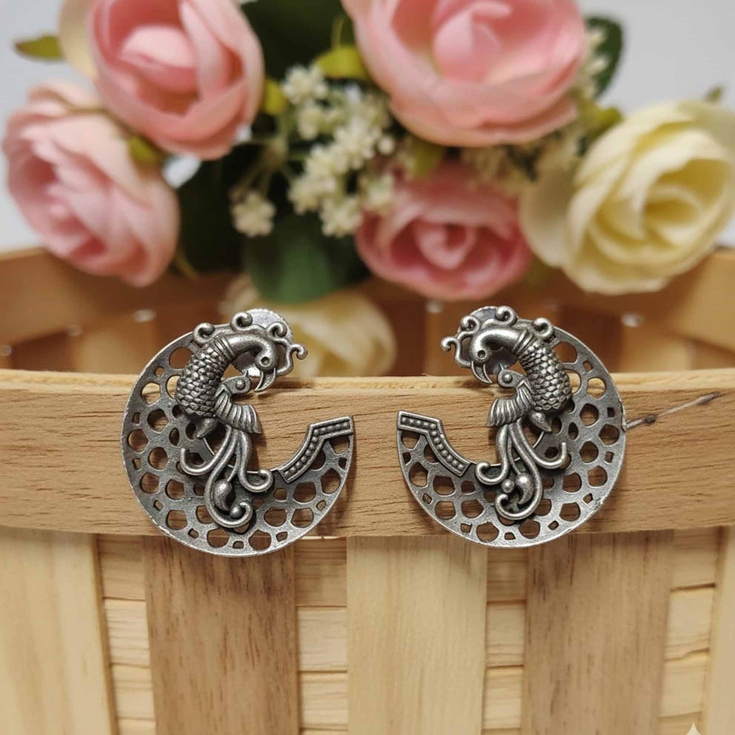 Peacock Chaand German Silver Earrings – Ethnic Statement Studs