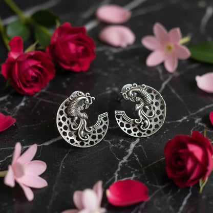 Peacock Chaand German Silver Earrings – Ethnic Statement Studs