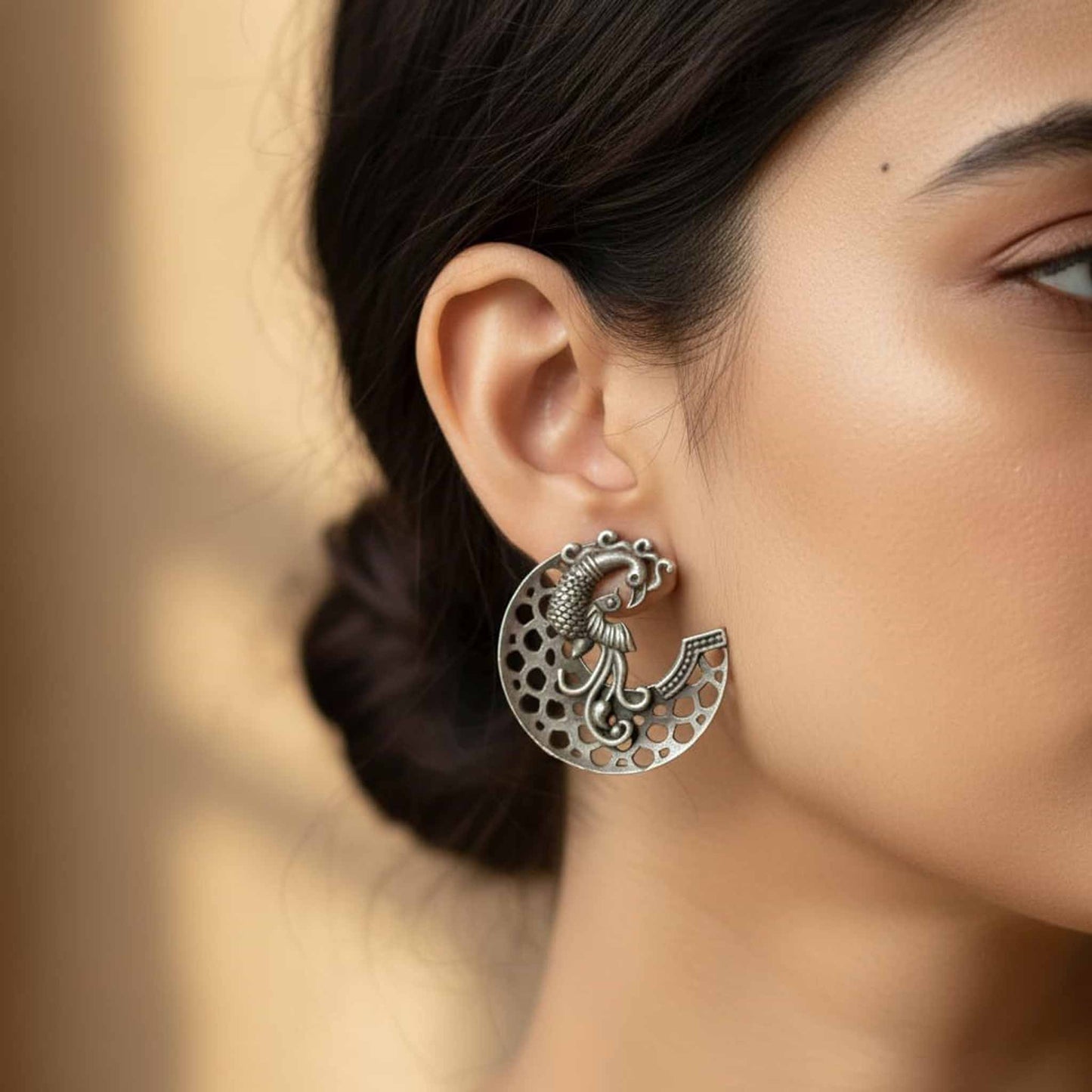 Peacock Chaand German Silver Earrings – Ethnic Statement Studs