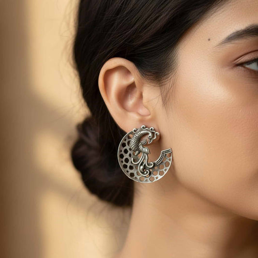 Peacock Chaand German Silver Earrings – Ethnic Statement Studs