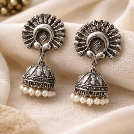 Sunburst Tribal Jhumka Earrings with Pearl Drops