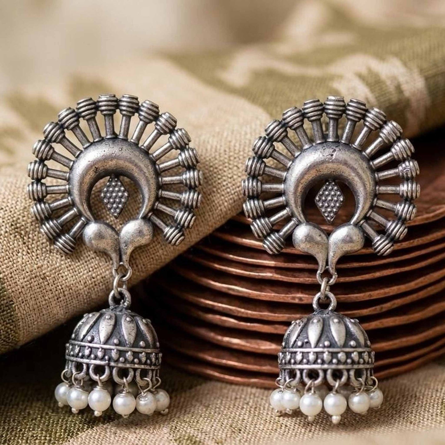 Sunburst Tribal Jhumka Earrings with Pearl Drops