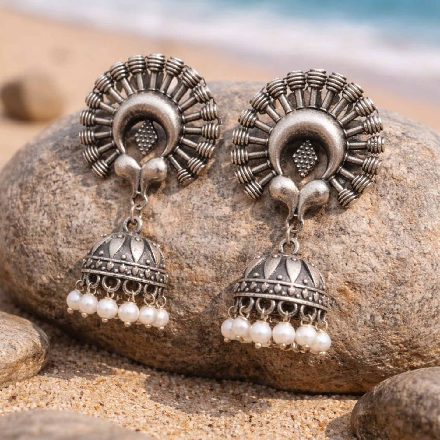 Sunburst Tribal Jhumka Earrings with Pearl Drops