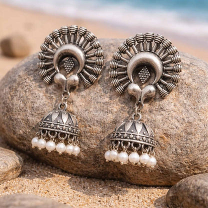 Sunburst Tribal Jhumka Earrings with Pearl Drops