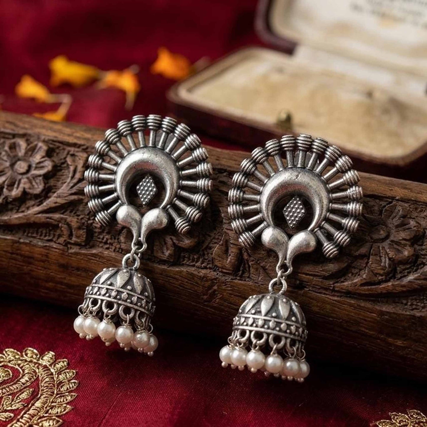 Sunburst Tribal Jhumka Earrings with Pearl Drops